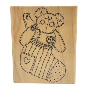 Mounted Rubber Stamp Teddy Bear Christmas Stocking Patchwork Quilt